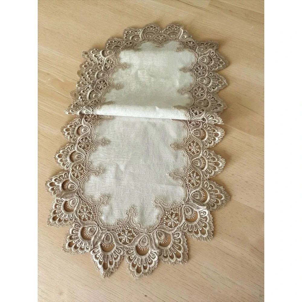 Doily Boutique Table Runner Champagne Gold Lace and Antique White Fabric 18x53